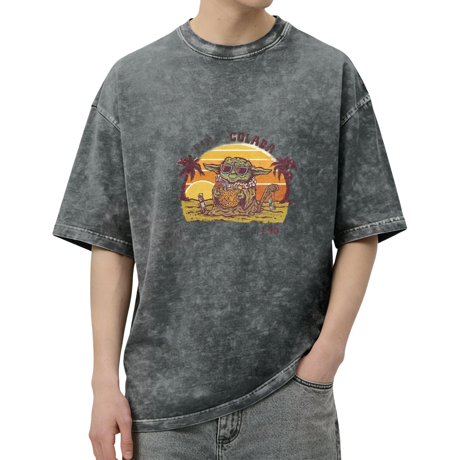 Washed black t-shirt with tropical Yoda sunset graphic