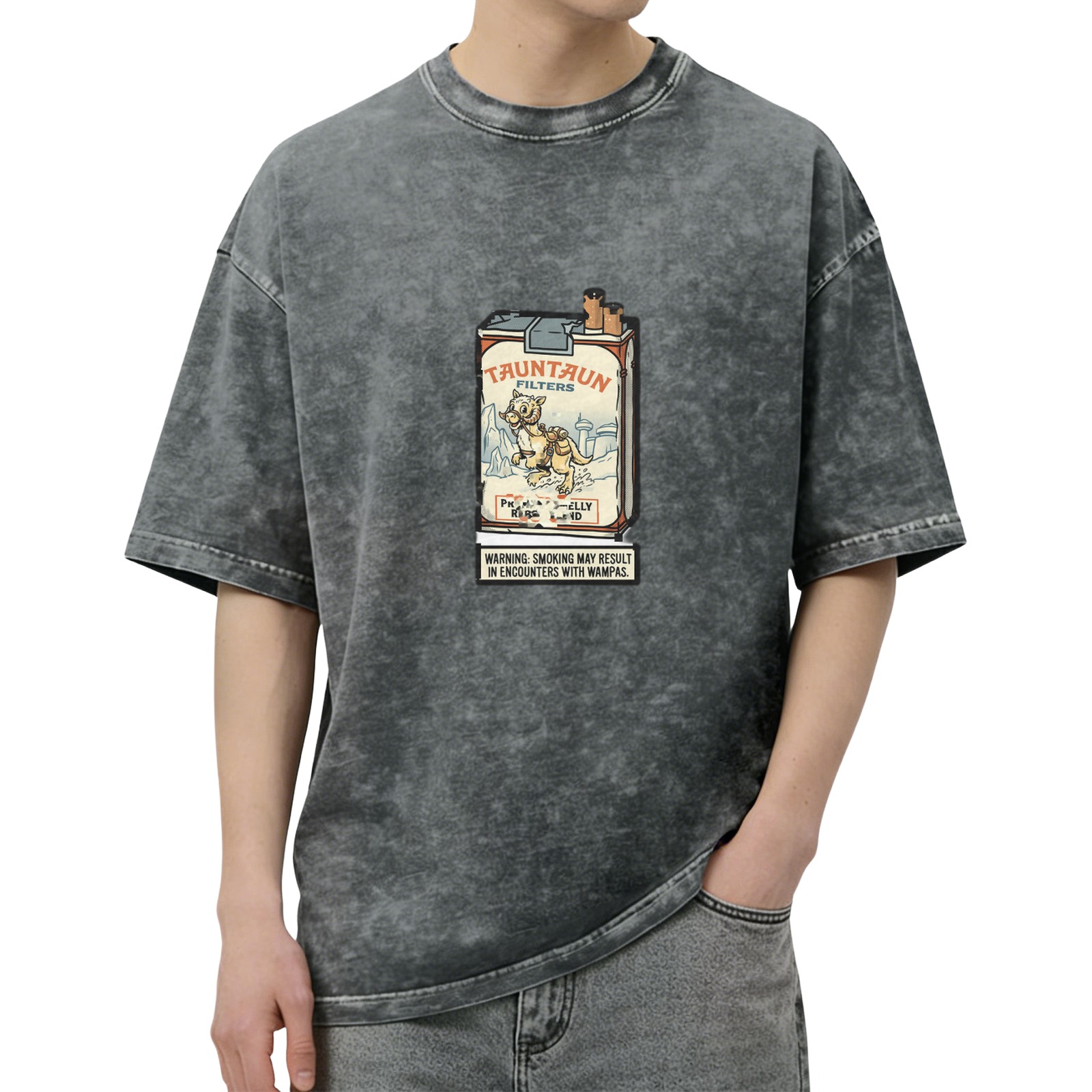 Washed Black T-Shirt With Tauntaun Cigarette Pack Graphic