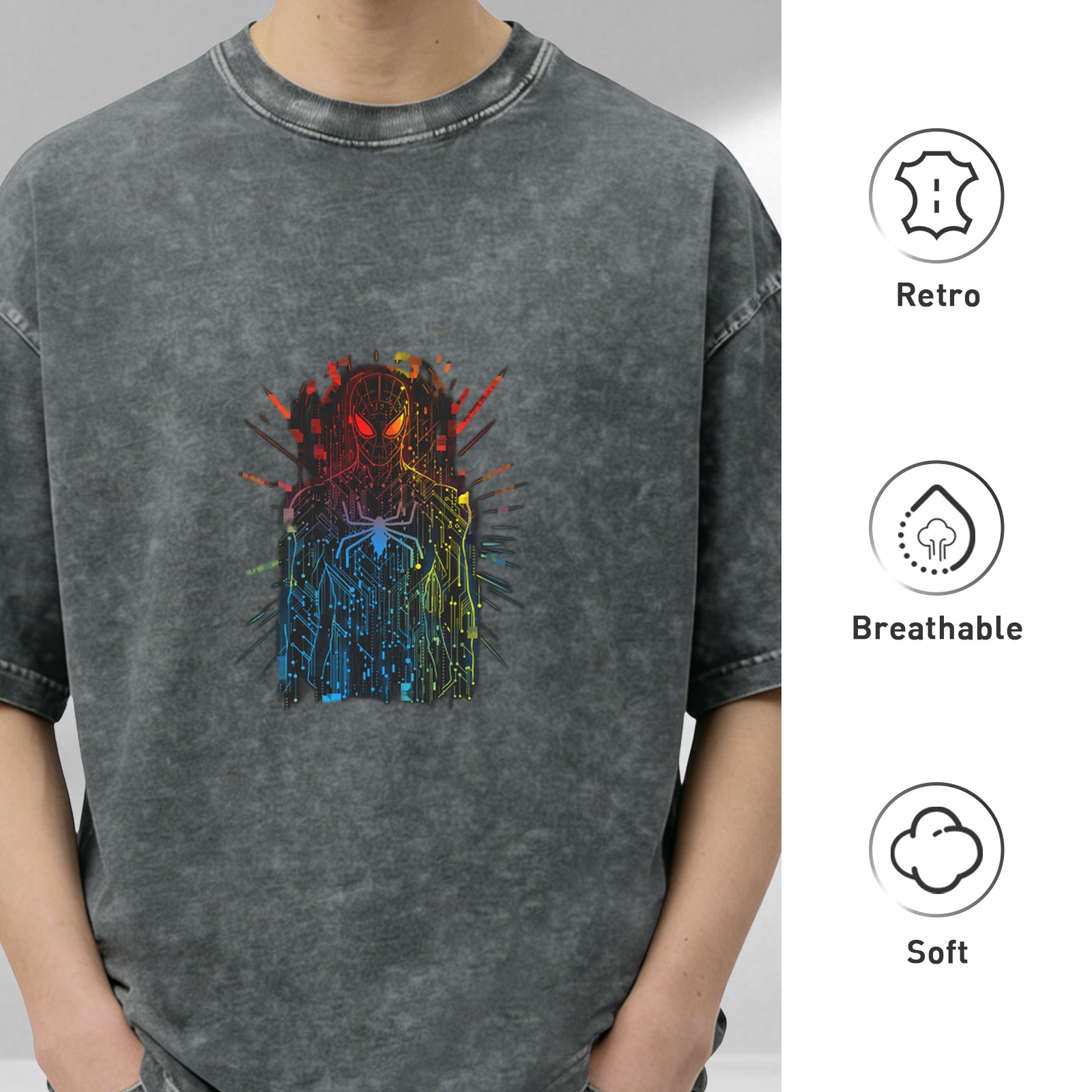 Washed Black Oversized T-Shirt with Neon Spider-Man Circuit Design
