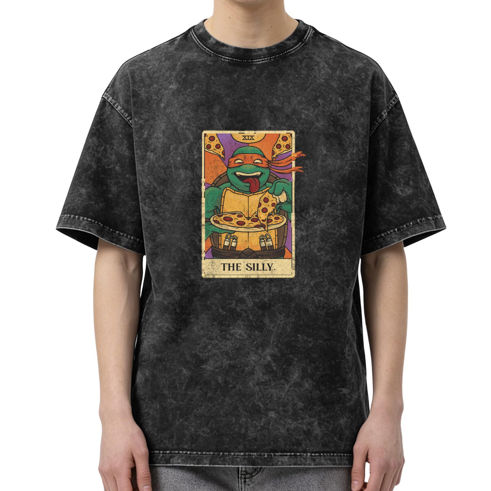 Washed graphic t-shirt with Teenage Mutant Ninja Turtle pizza tarot print