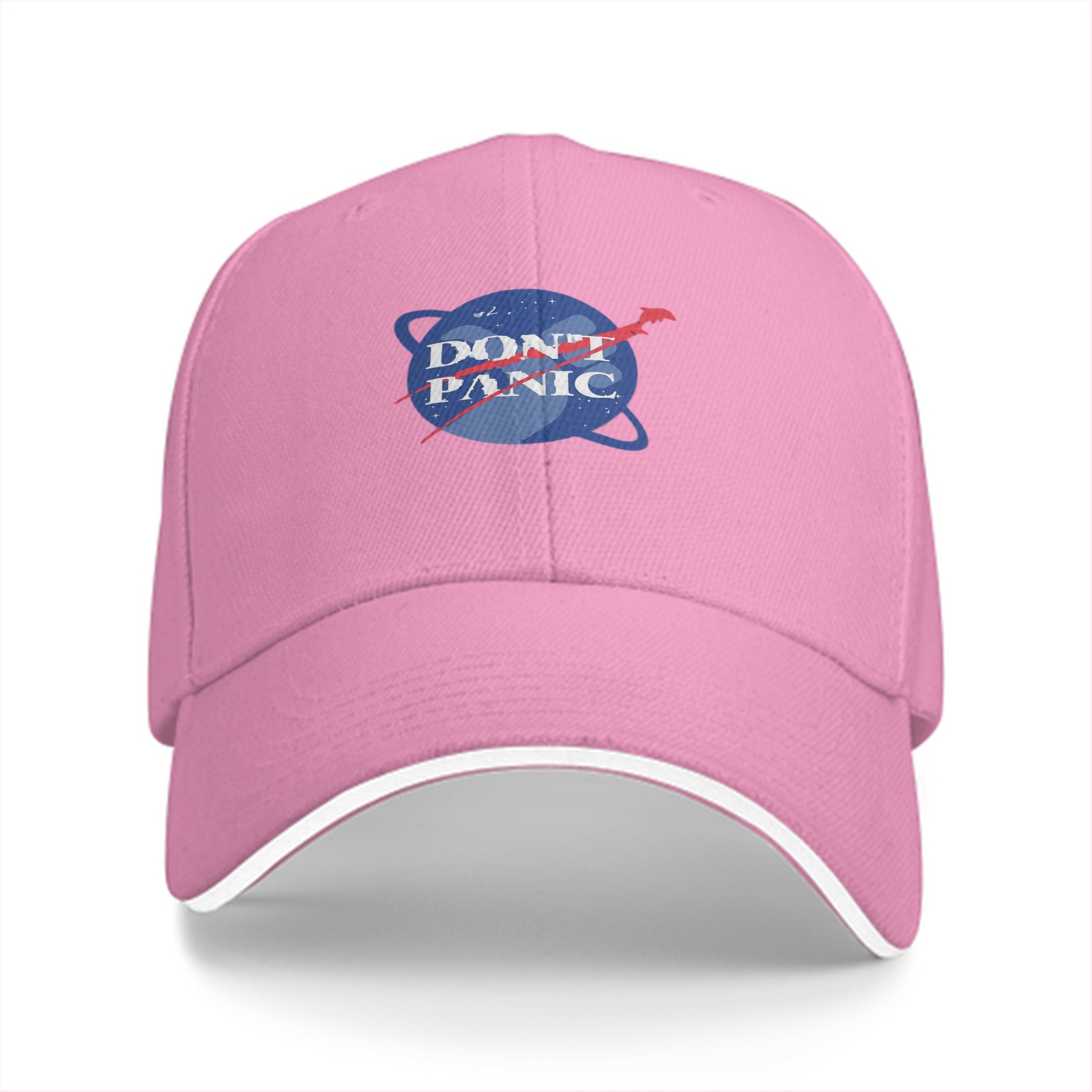 Black baseball cap with Don't Panic NASA-style space graphic