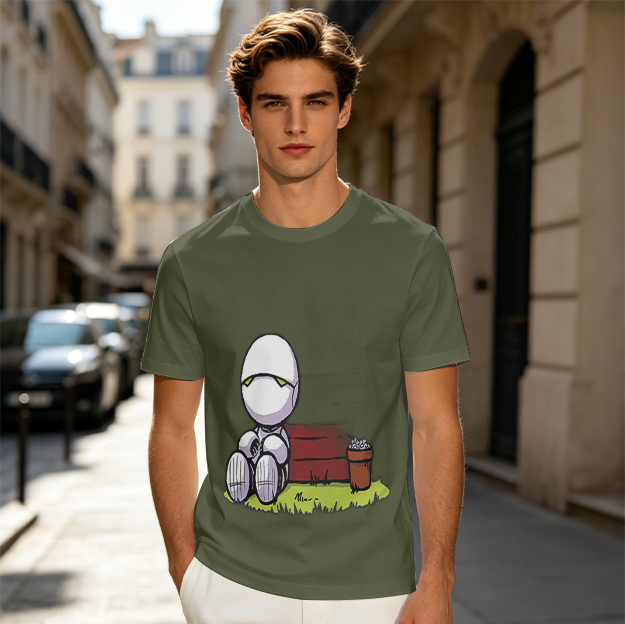 Olive T-Shirt With Sad Sitting Robot Graphic Print