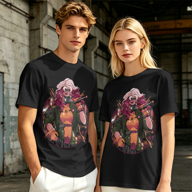 Olive T-Shirt with Anime Cyberpunk Female Warrior Print