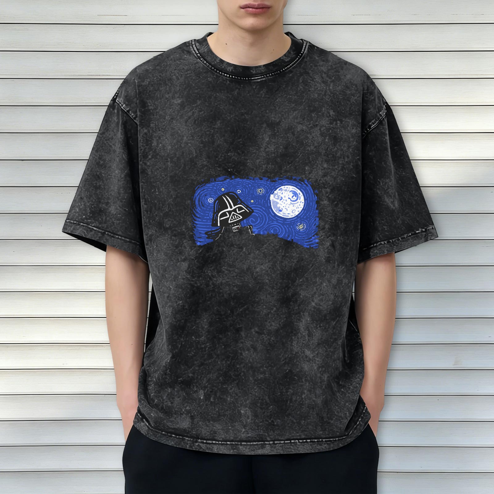 Washed black t-shirt with Darth Vader and Death Star graphic