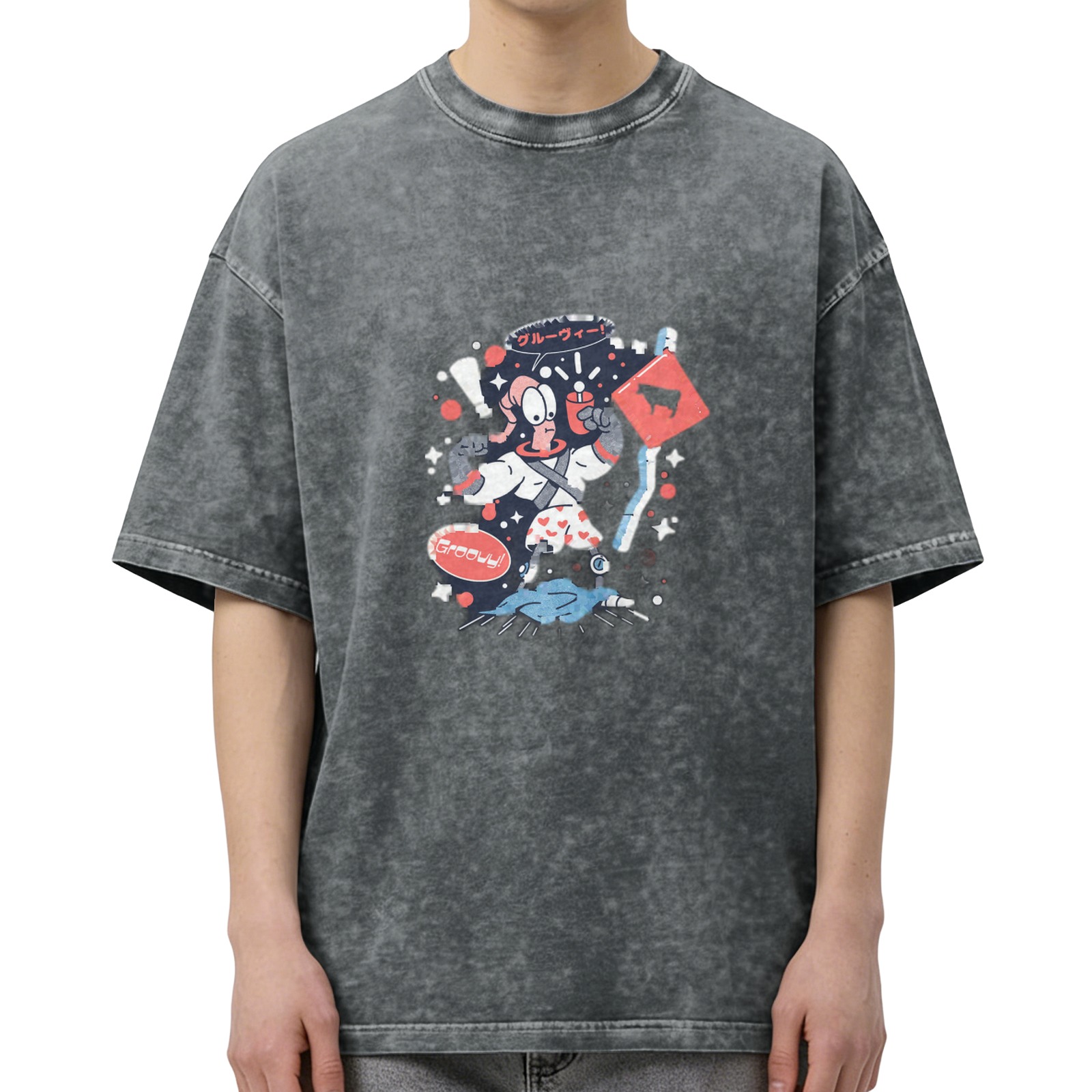 Washed black graphic t-shirt with retro cartoon space character print