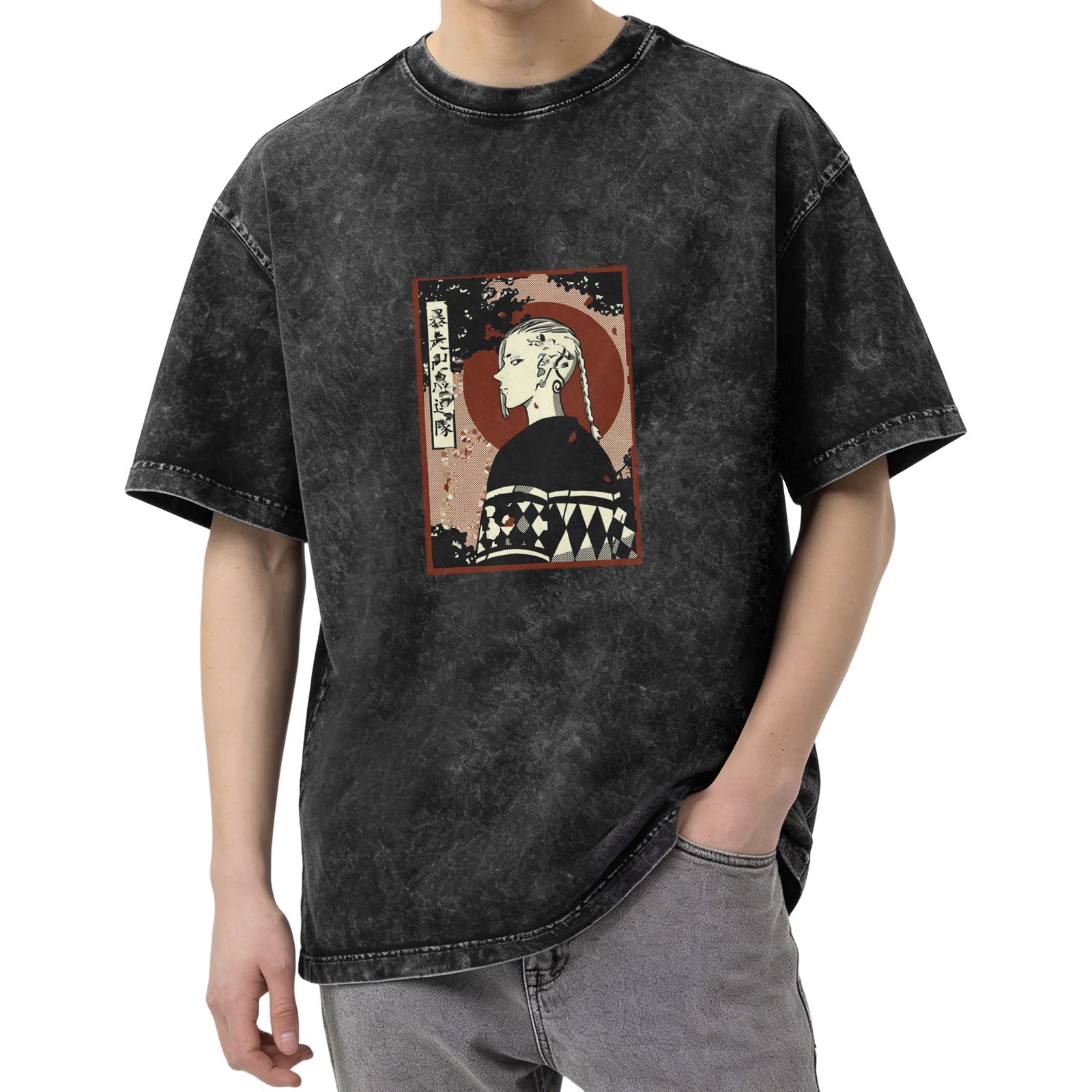 Retro washed black anime character printed short-sleeved T-shirt Street style loose shoulder top