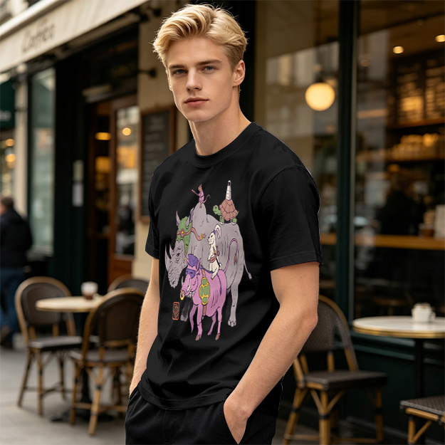 Olive T-Shirt With Whimsical Fantasy Animal Group Print