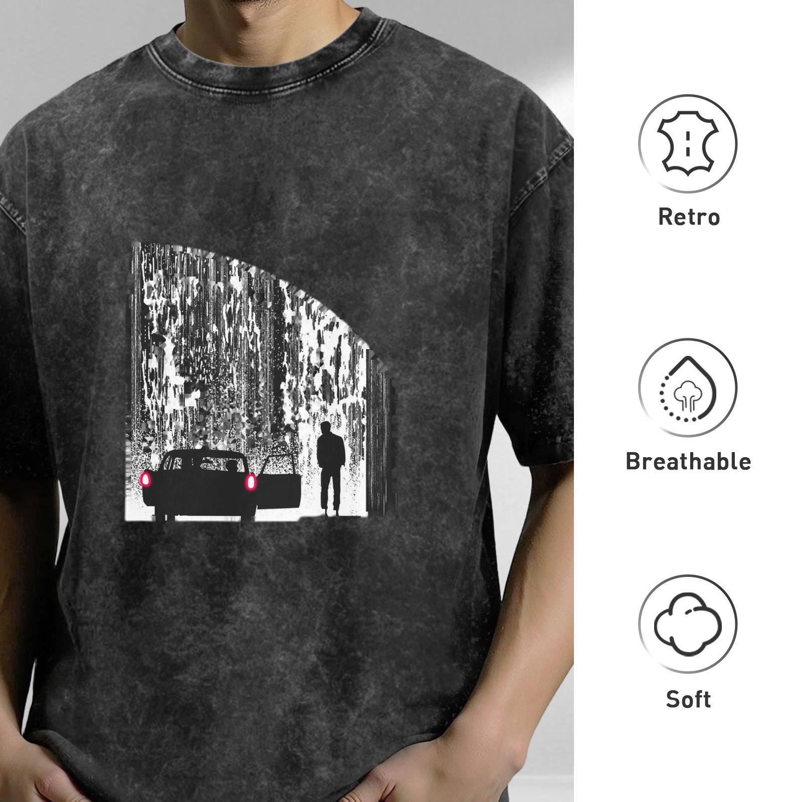 Oversized Acid Wash T-Shirt With Rainy Night Car Silhouette Graphic