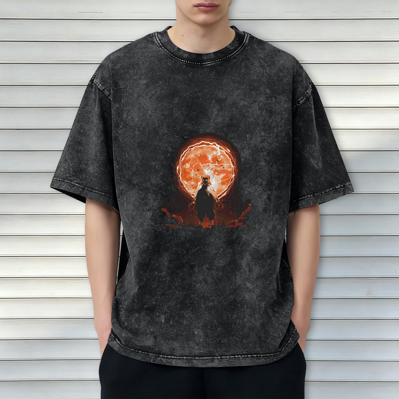 Washed Black Oversized T-Shirt With Anime Character Under Glowing Red Moon Graphic