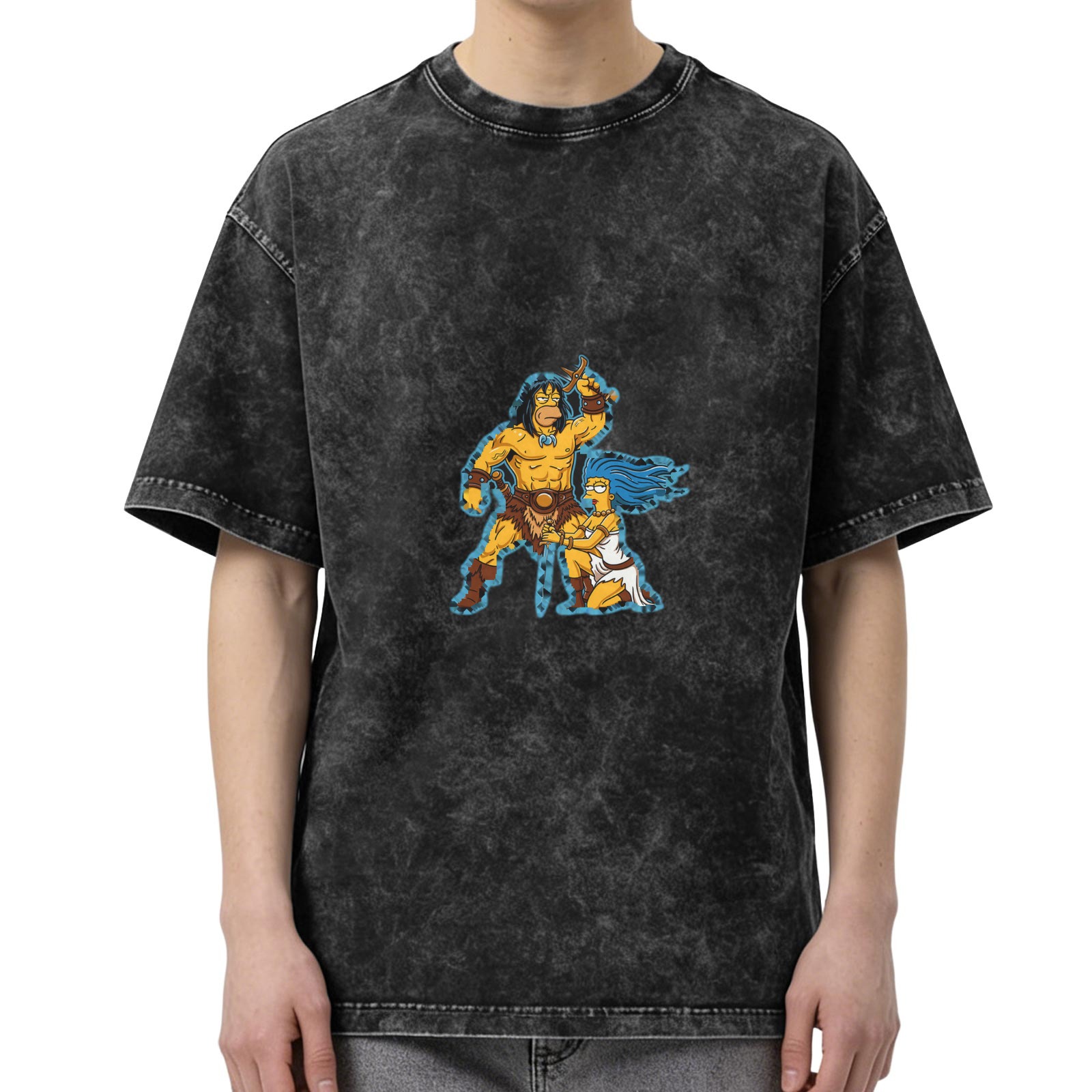 Washed Black T-Shirt with Simpsons Barbarian Print