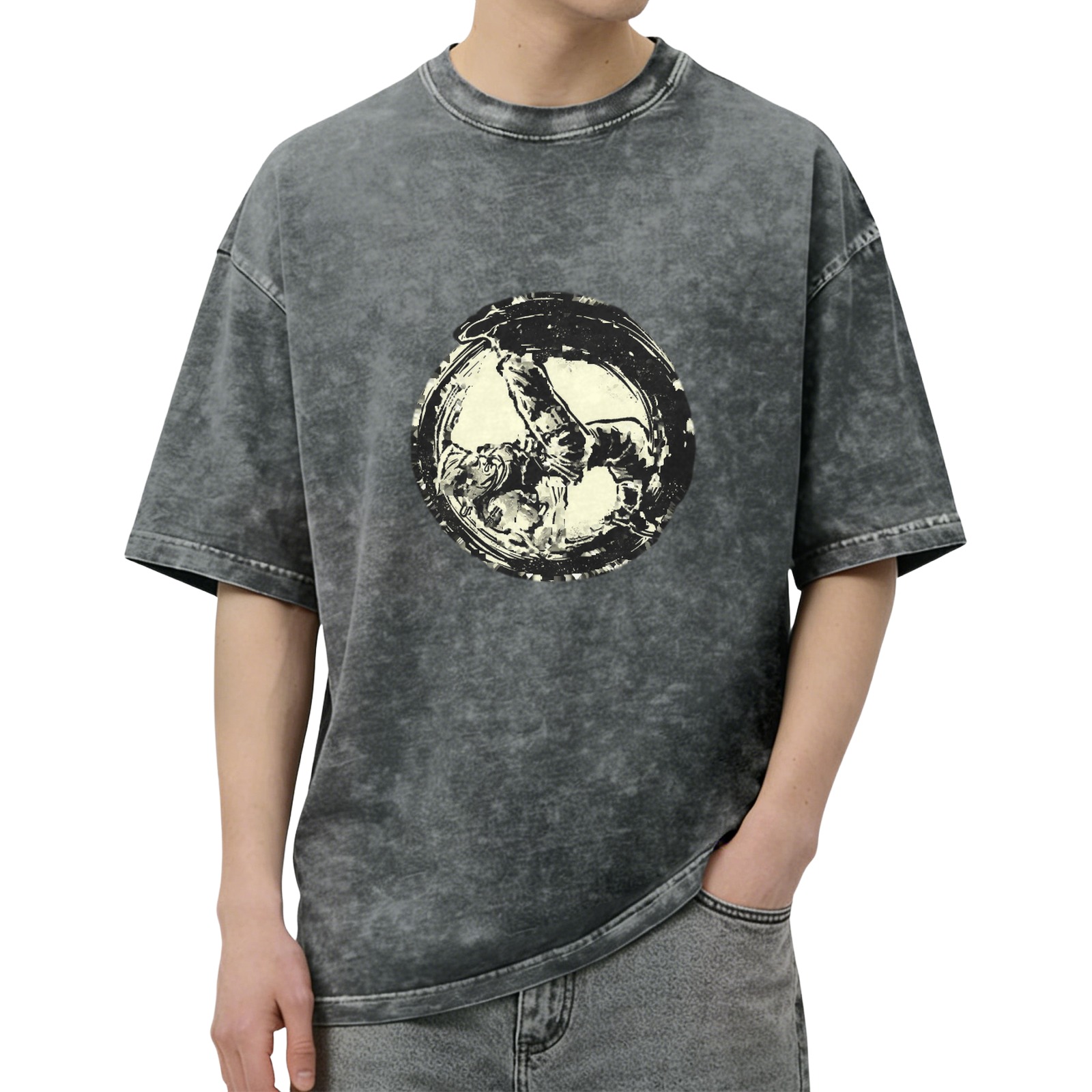 Washed Black Graphic T-Shirt With Circular Art Print