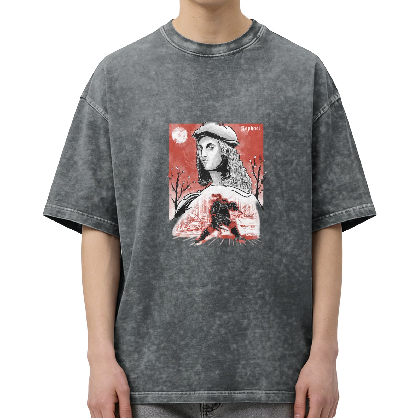 Oversized dark washed t-shirt with Renaissance artist and ninja turtle graphic