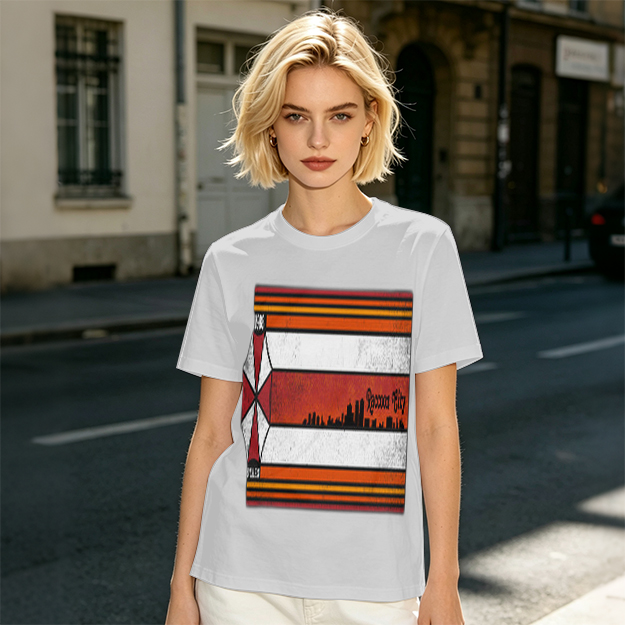 Olive T-Shirt With Retro Striped City Skyline Graphic Print
