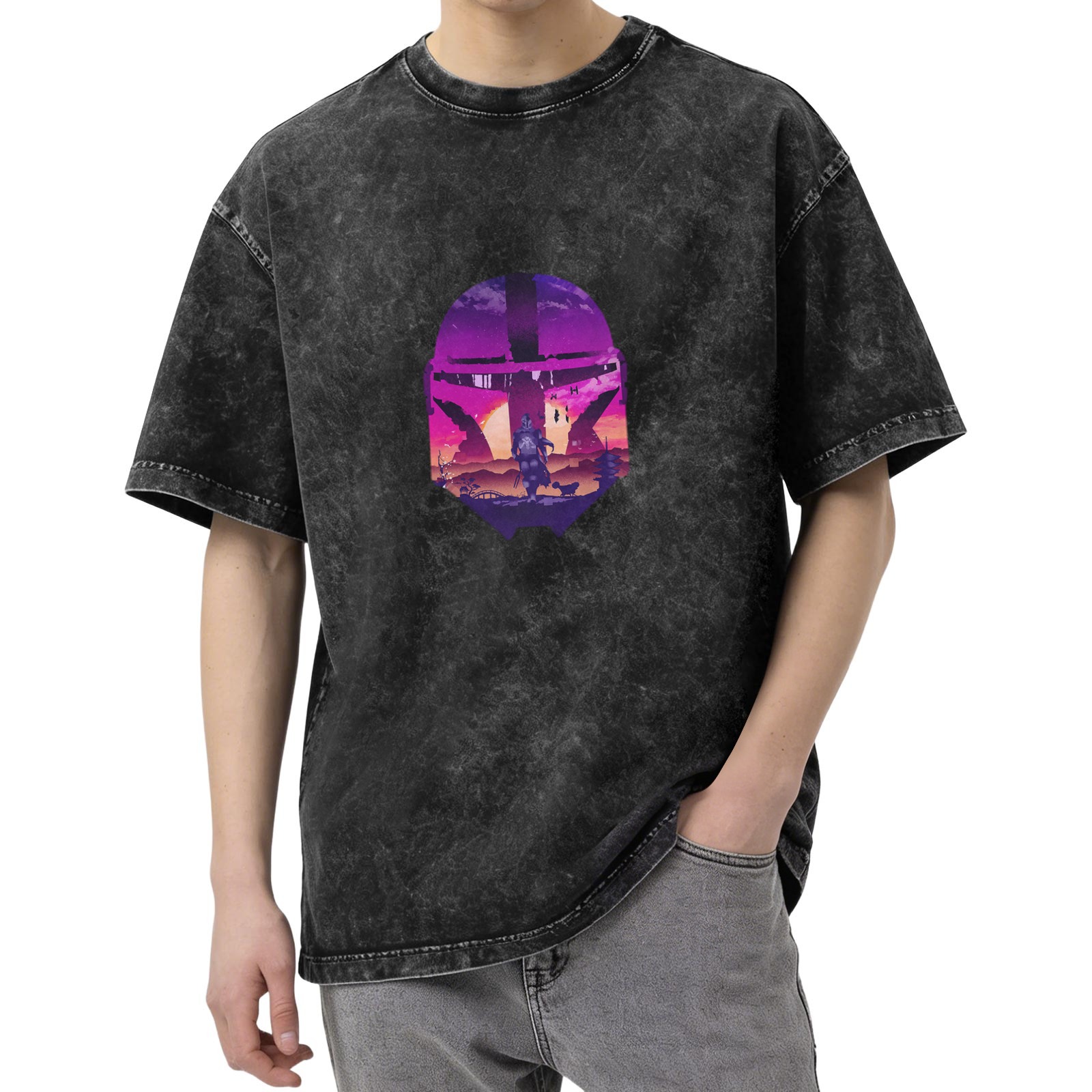 Distressed Black Mandalorian Helmet Graphic Short Sleeve T-Shirt