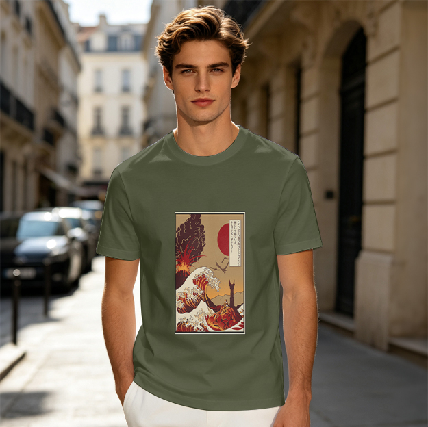 Olive T-Shirt with Ukiyo-e Style Wave and Volcano Print