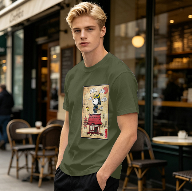 Olive T-Shirt with Samurai Snoopy Japanese Art Print