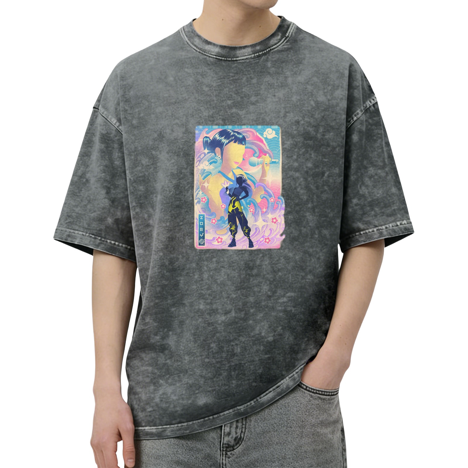 Oversized Acid Wash T-Shirt with Anime Singer Graphic Print