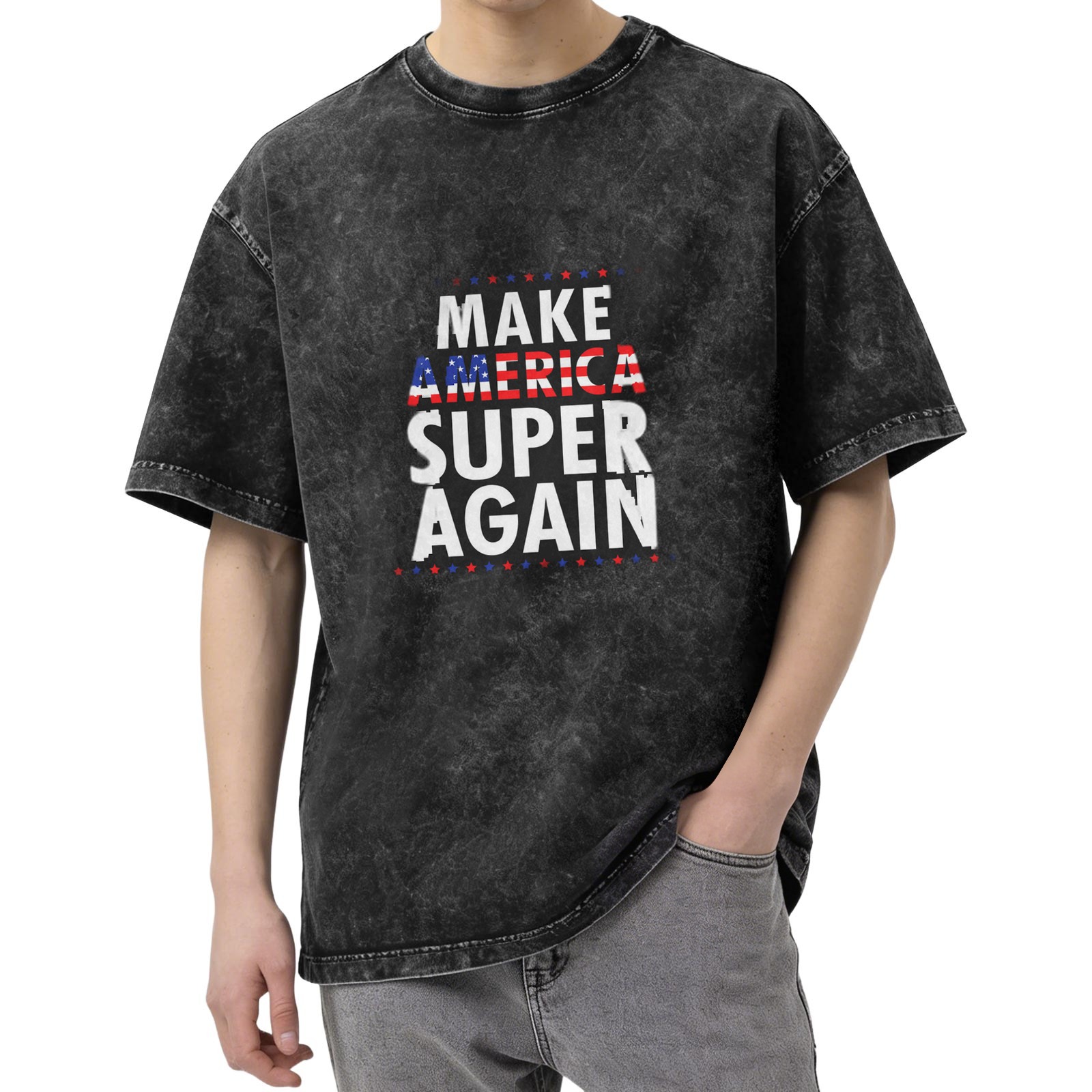 Oversized dark wash t-shirt with Make America Super Again patriotic print