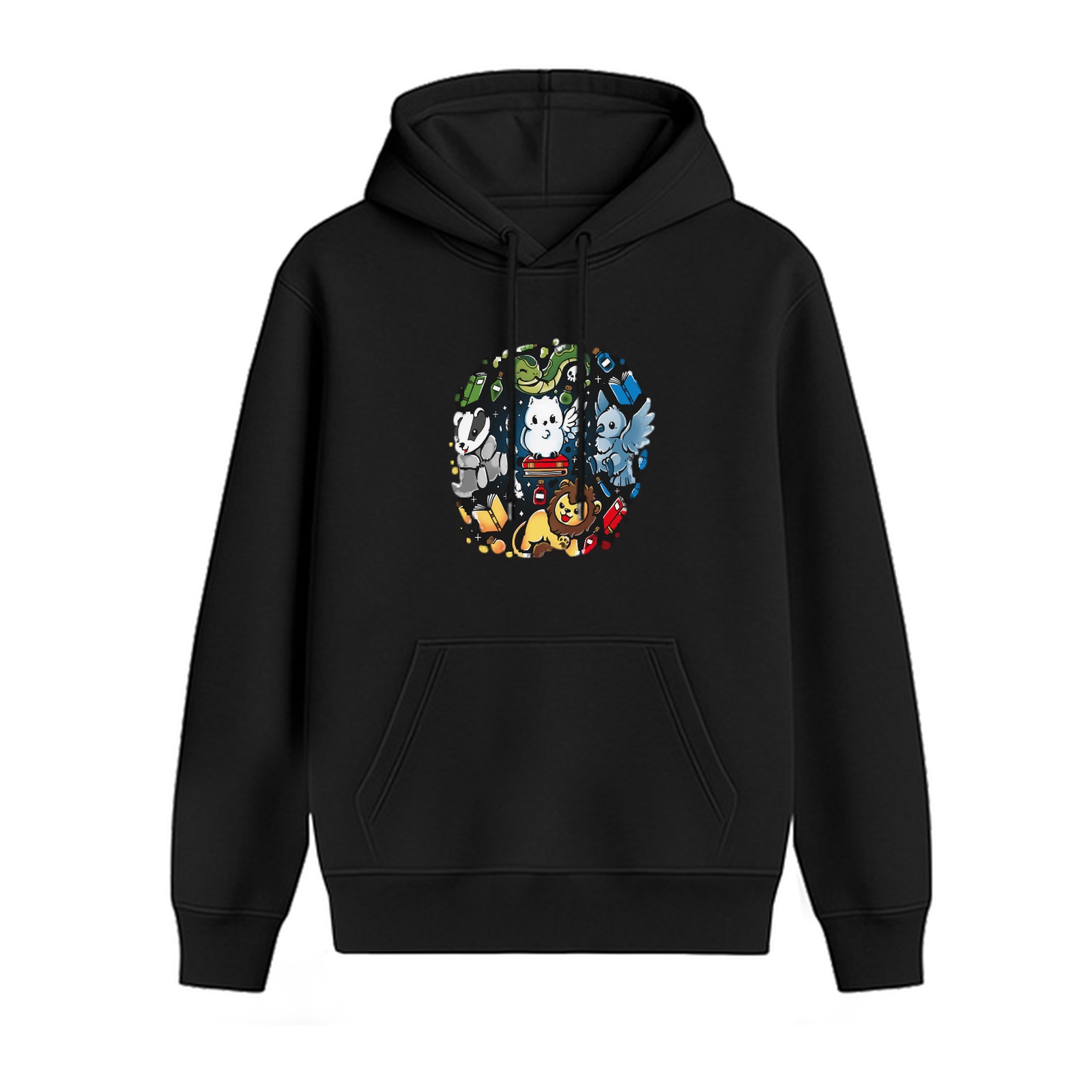 Black hoodie with cute magical house mascot graphic