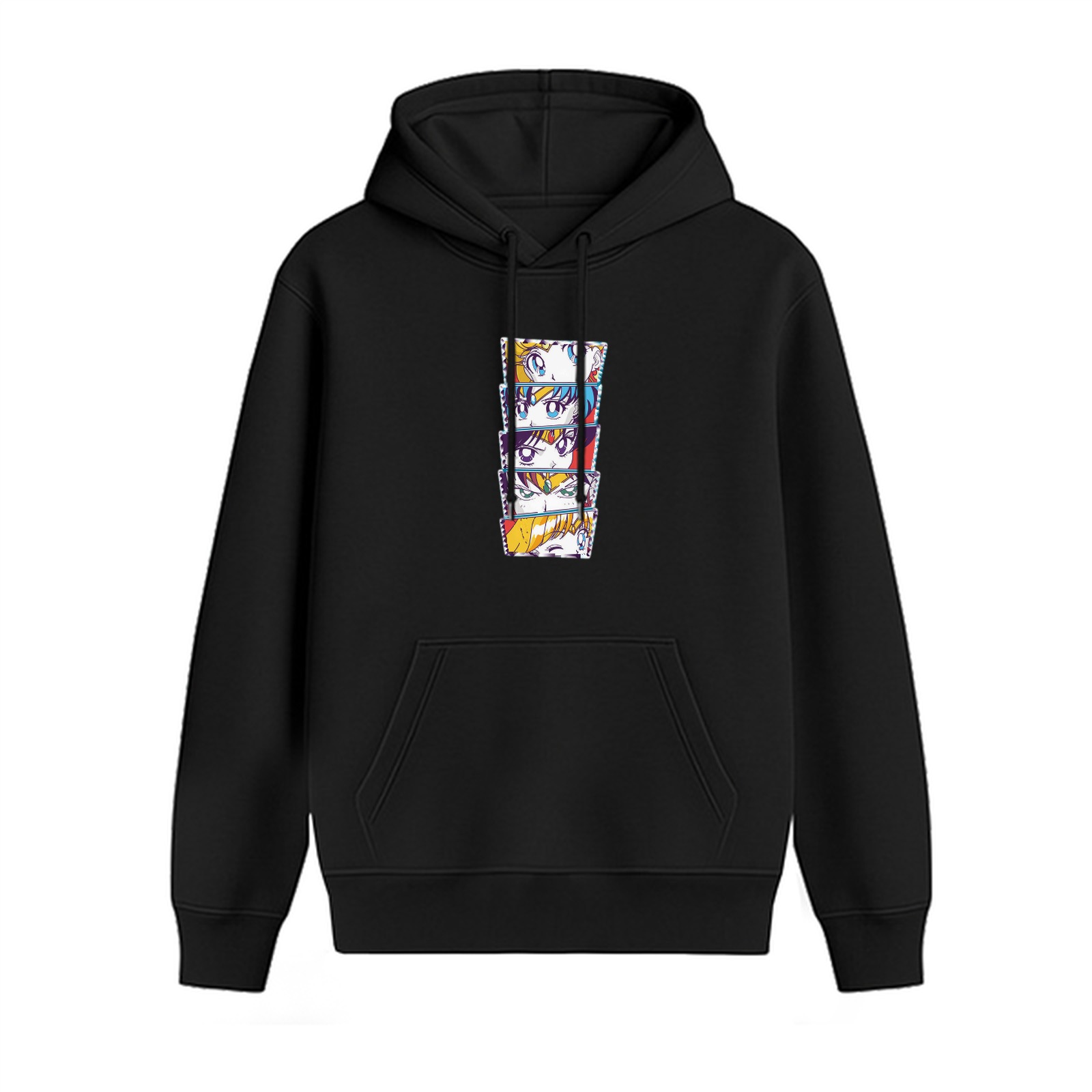 Black hoodie with stacked anime character eye graphic