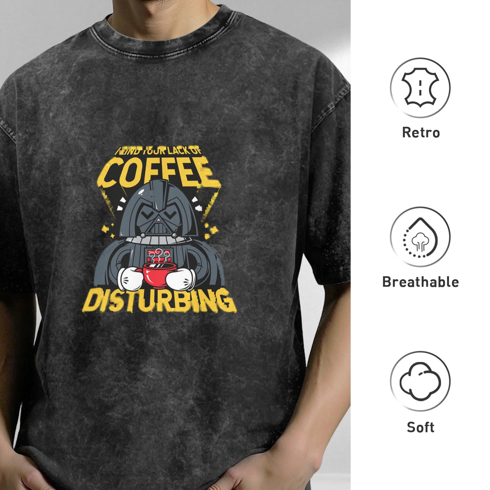 Washed Black T-Shirt with Funny Darth Vader Coffee Disturbing Graphic