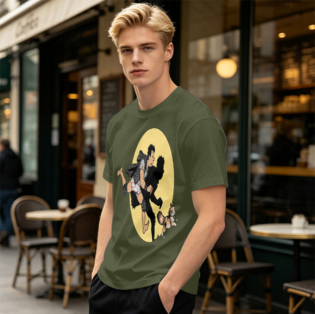 Olive T-Shirt With Cartoon Running Figure And Shadow Print