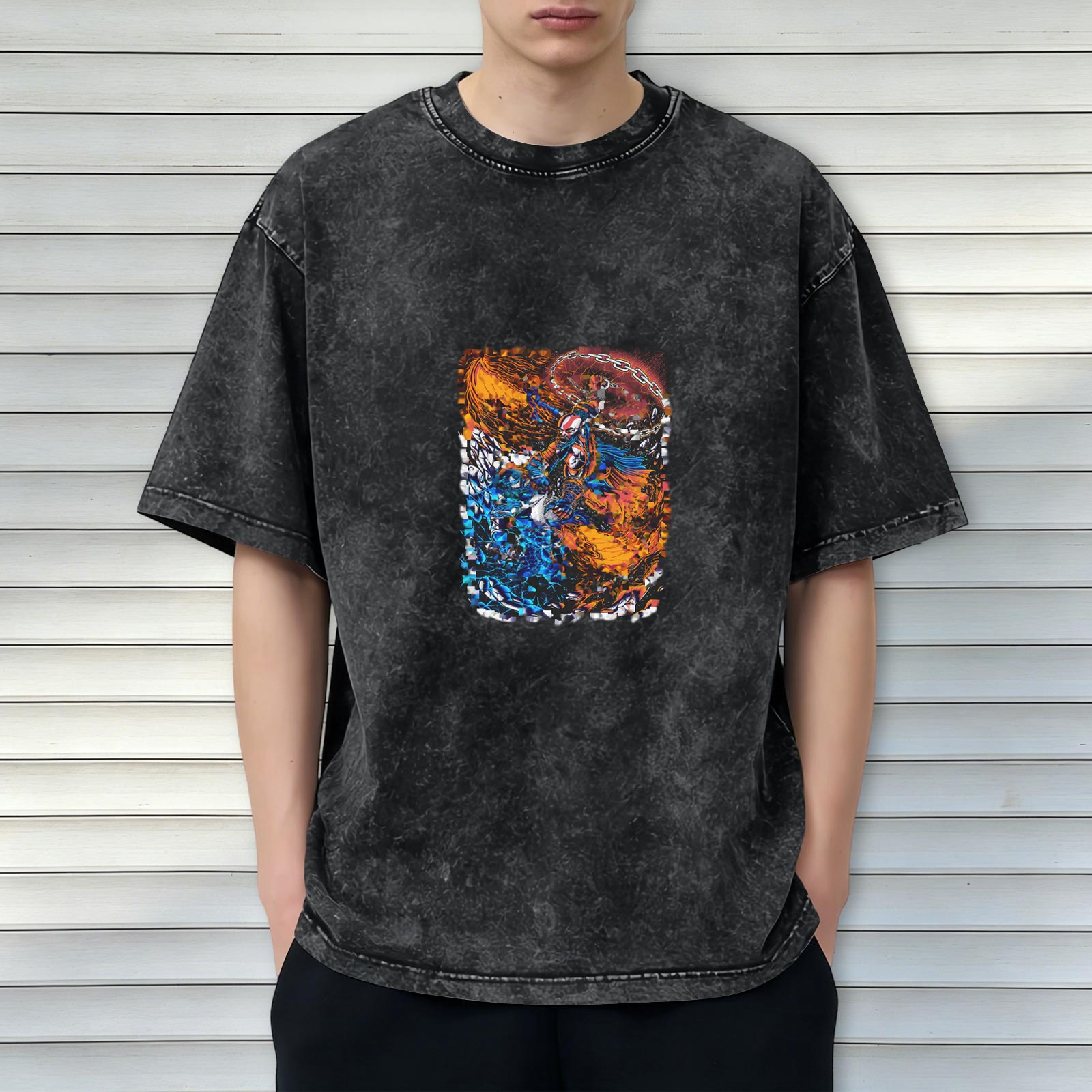 Oversized Acid Wash Graphic T-Shirt with Fire and Water Art Print