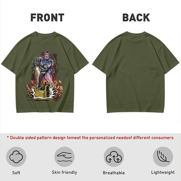 Olive T-shirt with Robot Villain and Tank Action Graphic