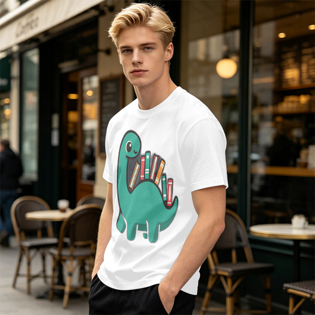 Olive T-shirt with cute dinosaur carrying books graphic