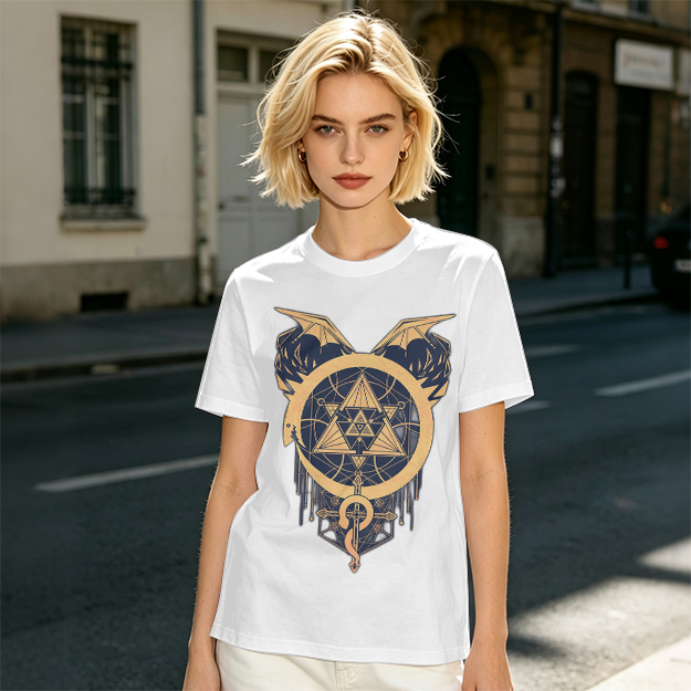 Olive T-Shirt with Occult Dragon Triangle Symbol Print