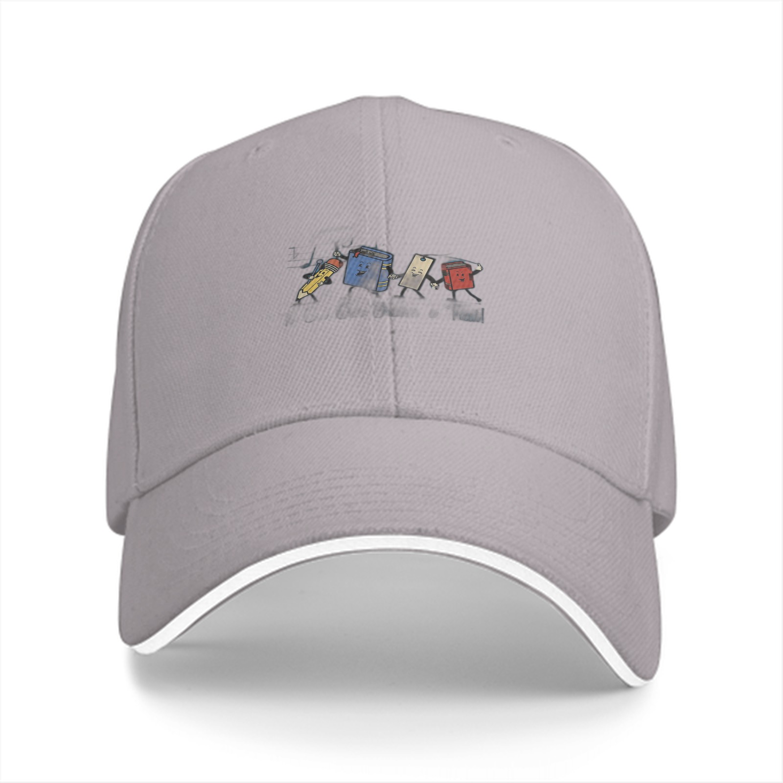 Black baseball cap with cartoon trash can character print