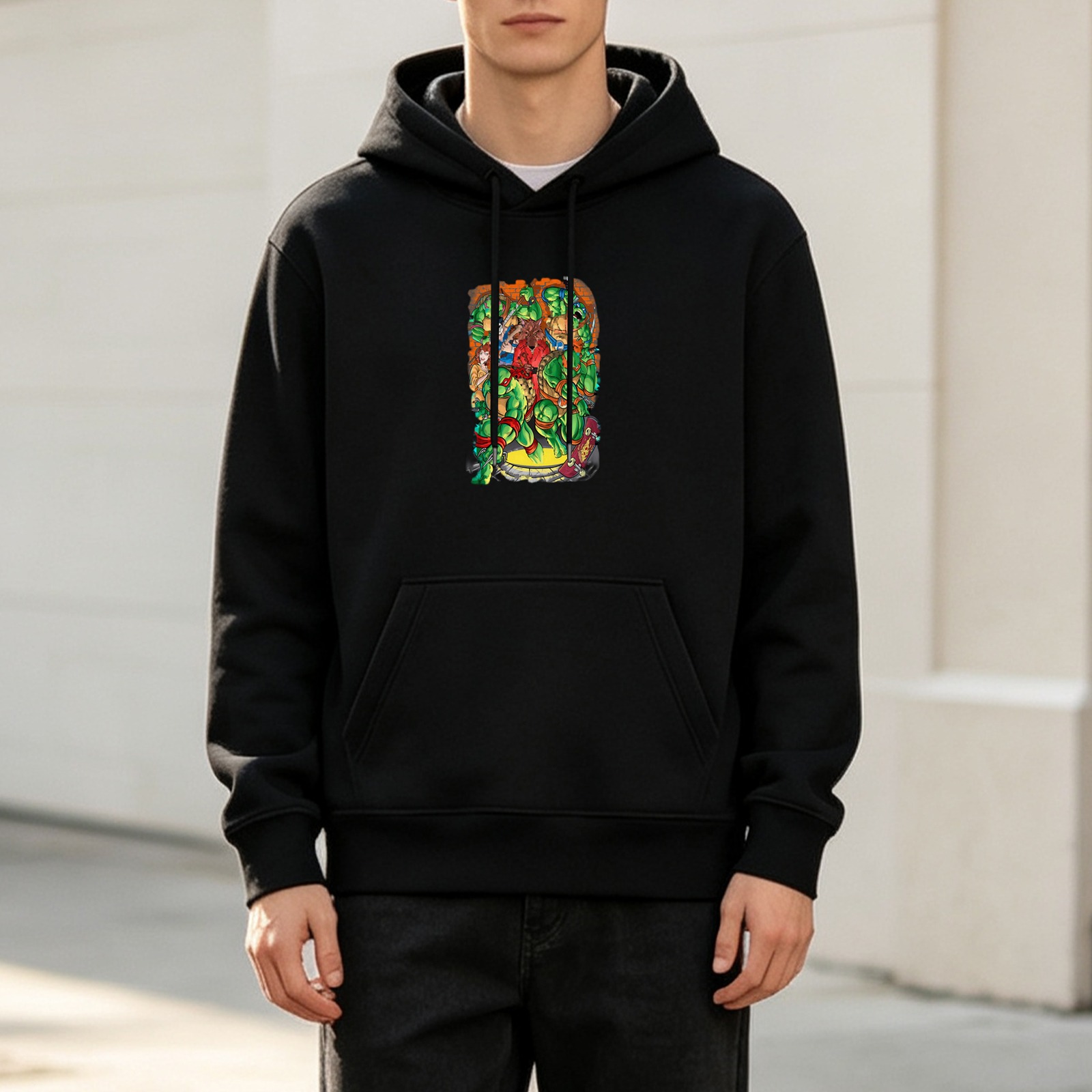 Black Hoodie With Vibrant Cartoon Turtle Graphic Print