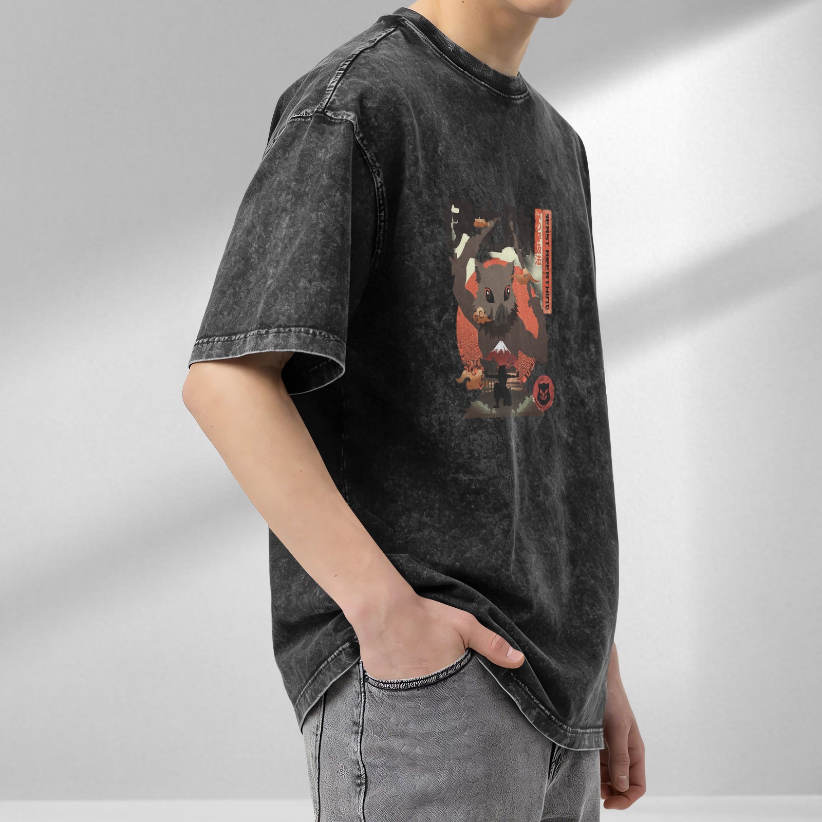 Demon Slayer: Kimetsu no Yaiba Inosuke themed washed distressed short-sleeved T-shirt
