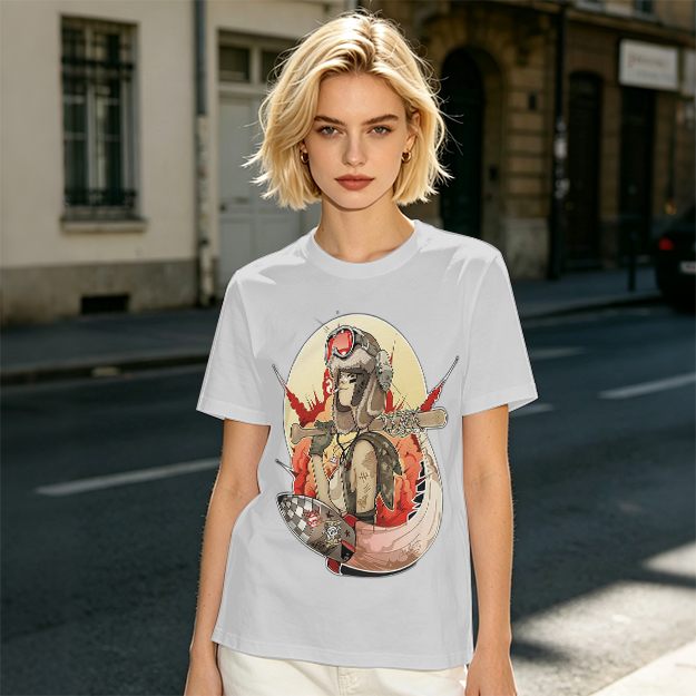 Olive T-Shirt with Retro Military Pilot Girl Graphic Print