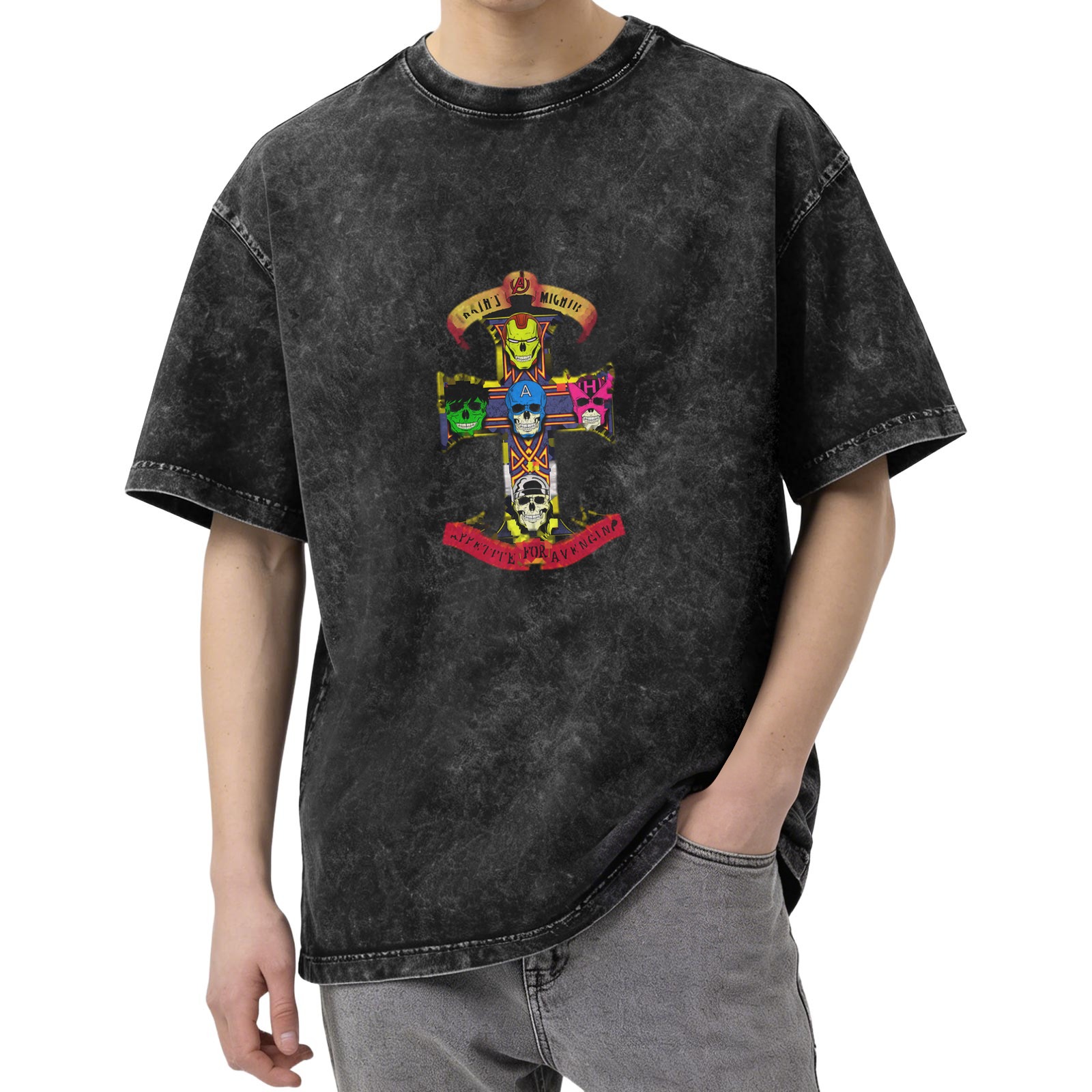 Washed black t-shirt with superhero skull cross graphic design