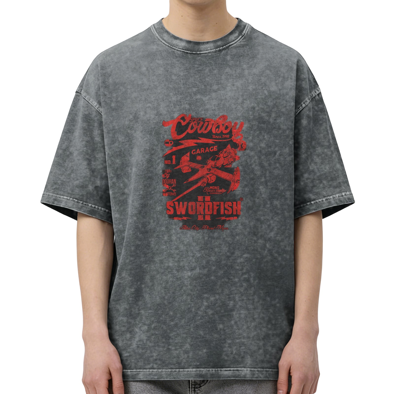 Distressed washed black round neck short-sleeved T-shirt Cowboy Bebop theme Swordfish II print loose casual top