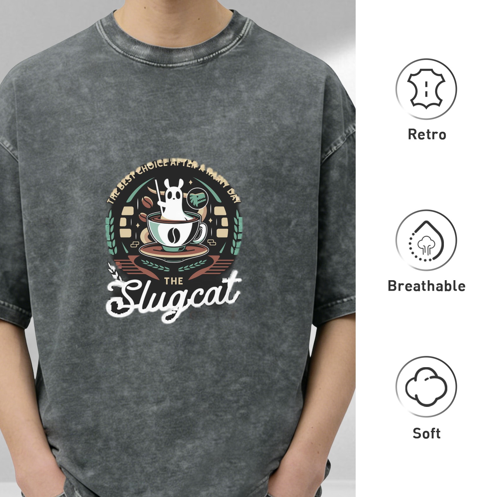 Slugcat Coffee Graphic Black Acid Wash Oversized T-Shirt