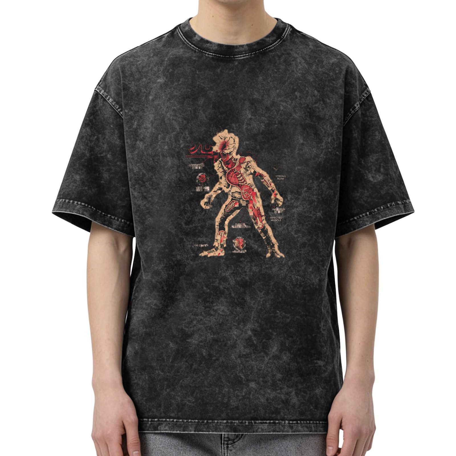 Oversized Acid Wash T-Shirt with Monster Anatomy Graphic Print