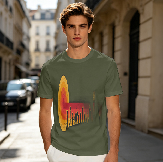 Olive Green T-Shirt with Abstract Sunset Portal and Silhouette Print