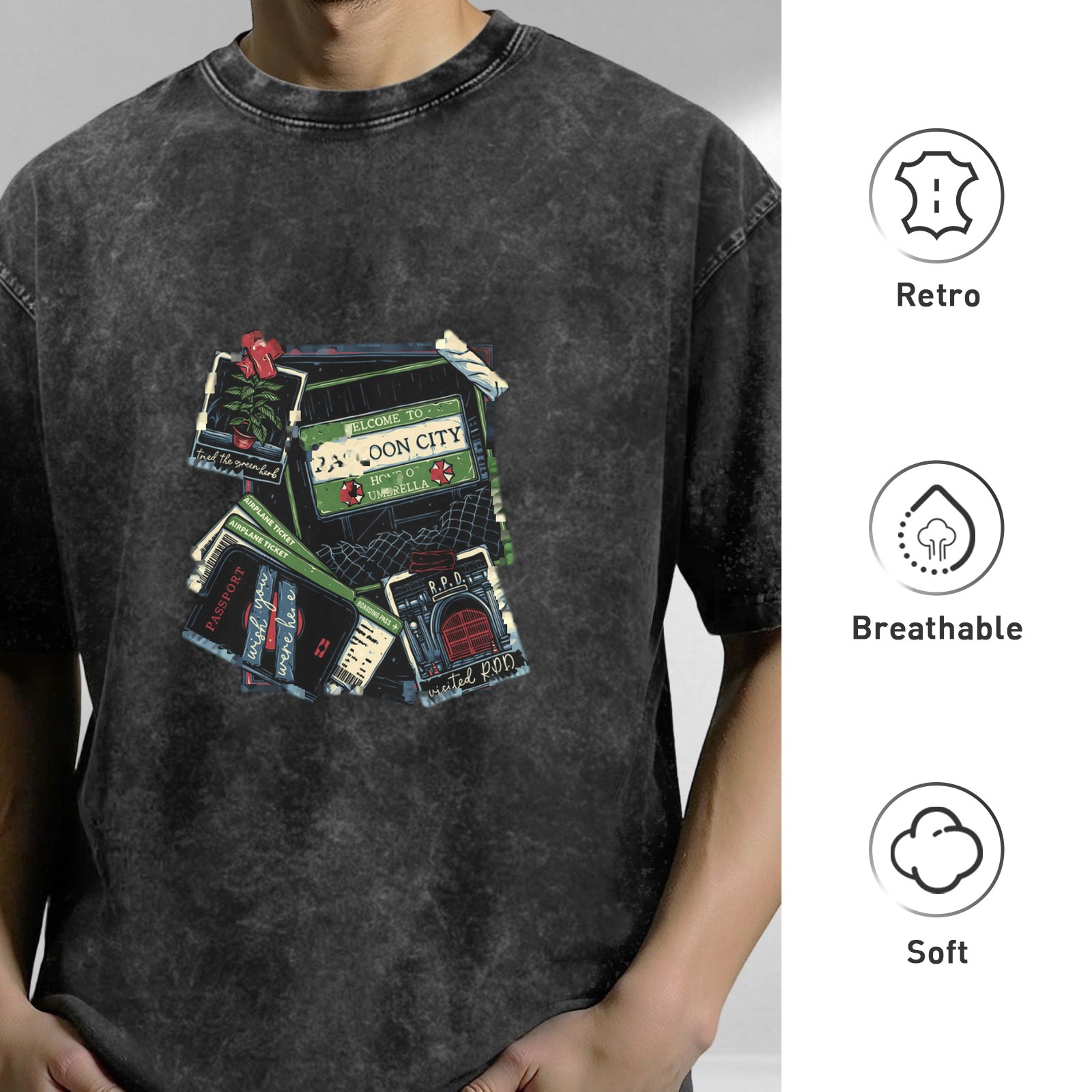 Oversized Acid Wash T-Shirt with Vintage Travel Collage Graphic