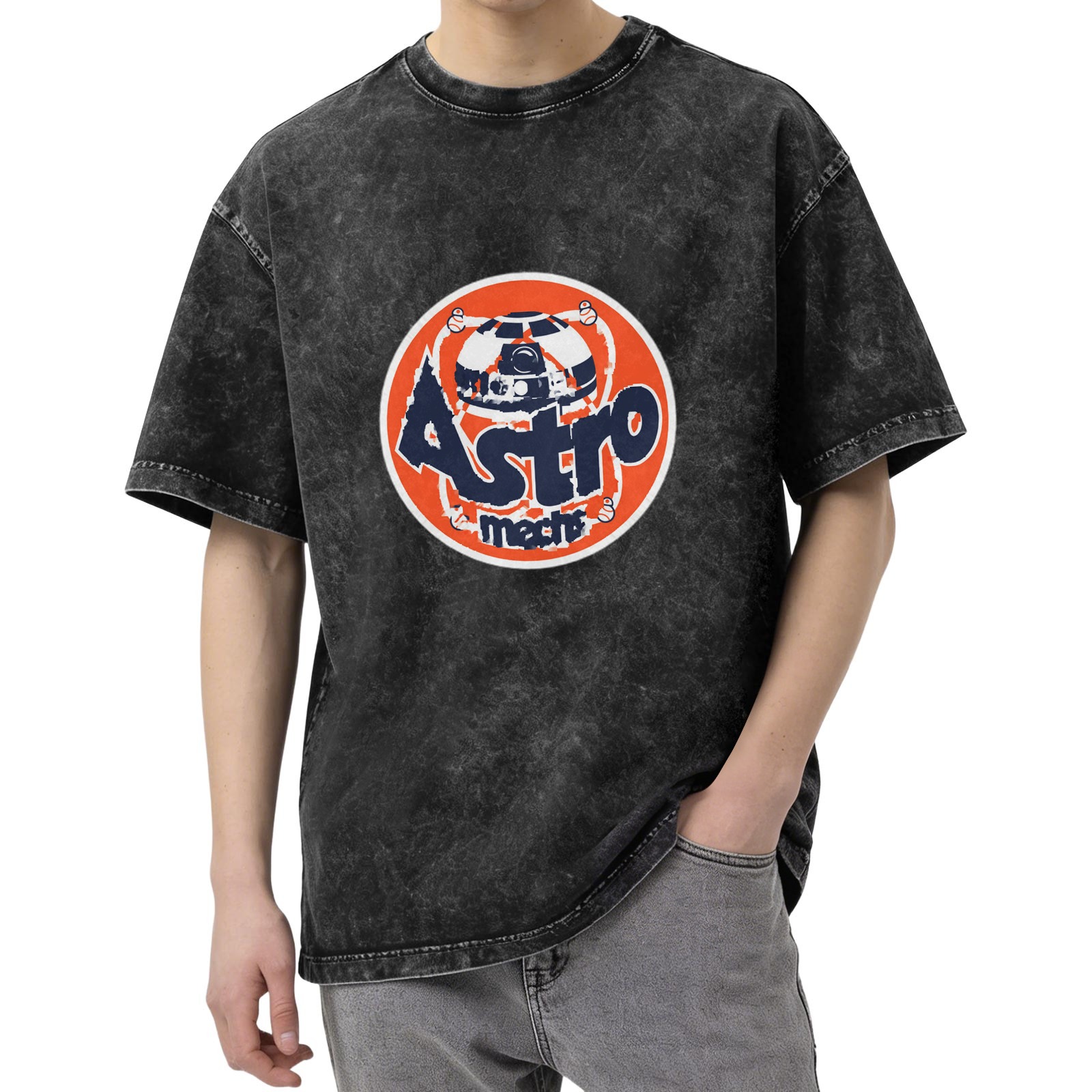 Distressed washed black round neck short-sleeved T-shirt Retro Astro themed printed casual top