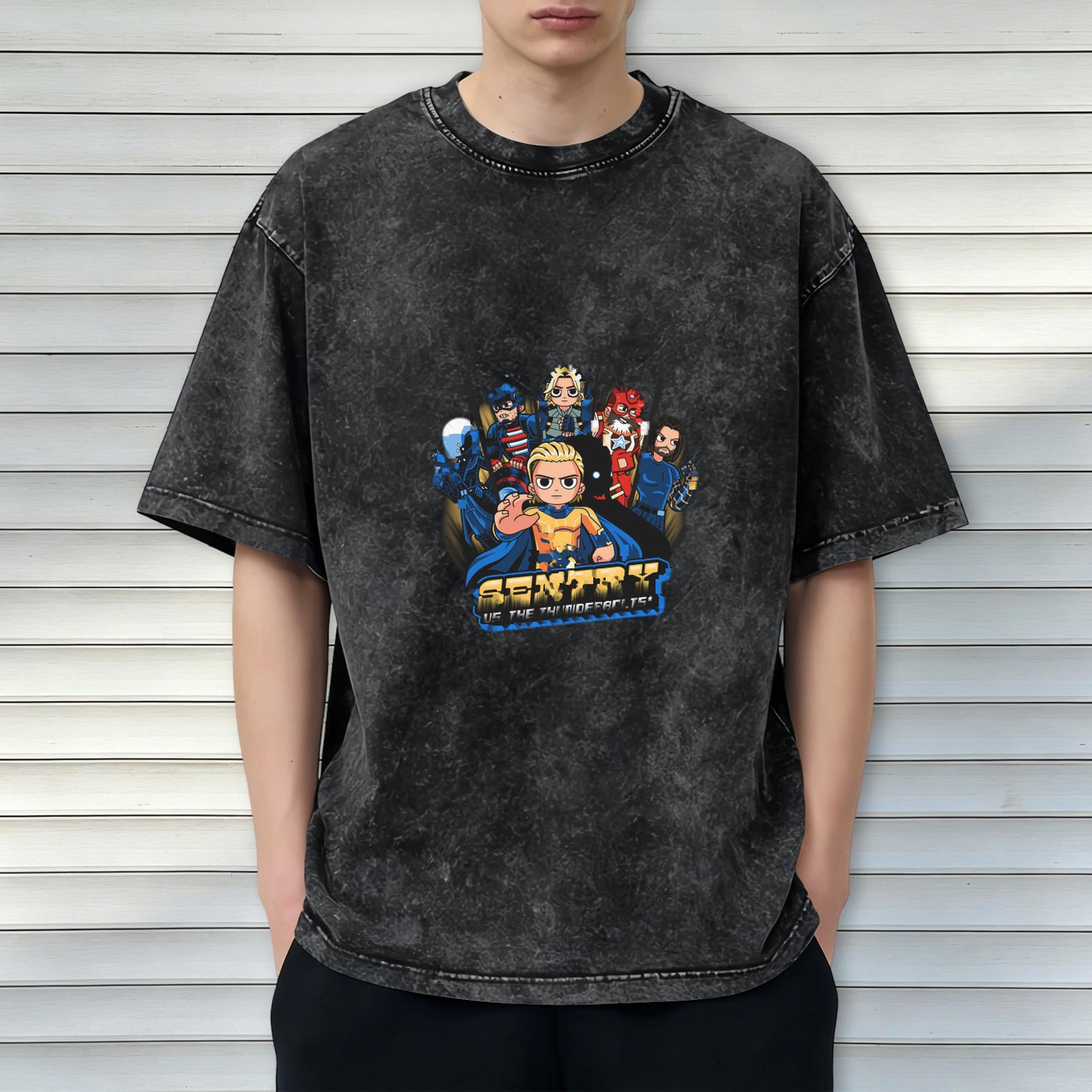 Sentry vs Thunderbolts Chibi Graphic Washed Black Oversized T-Shirt