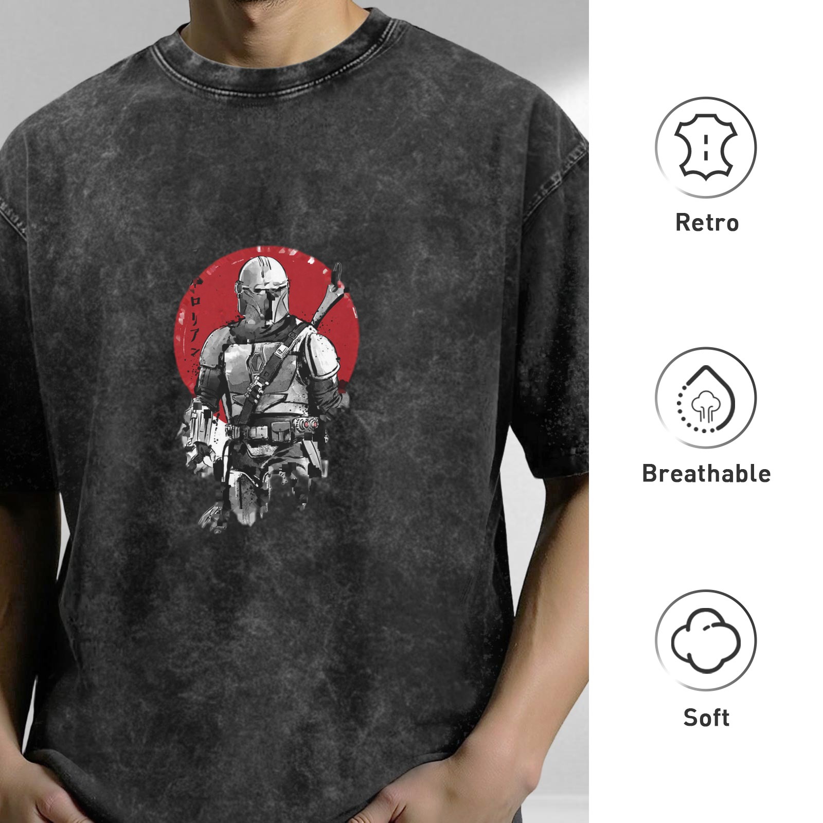 Washed Black T-Shirt With Mandalorian Warrior Red Circle Graphic