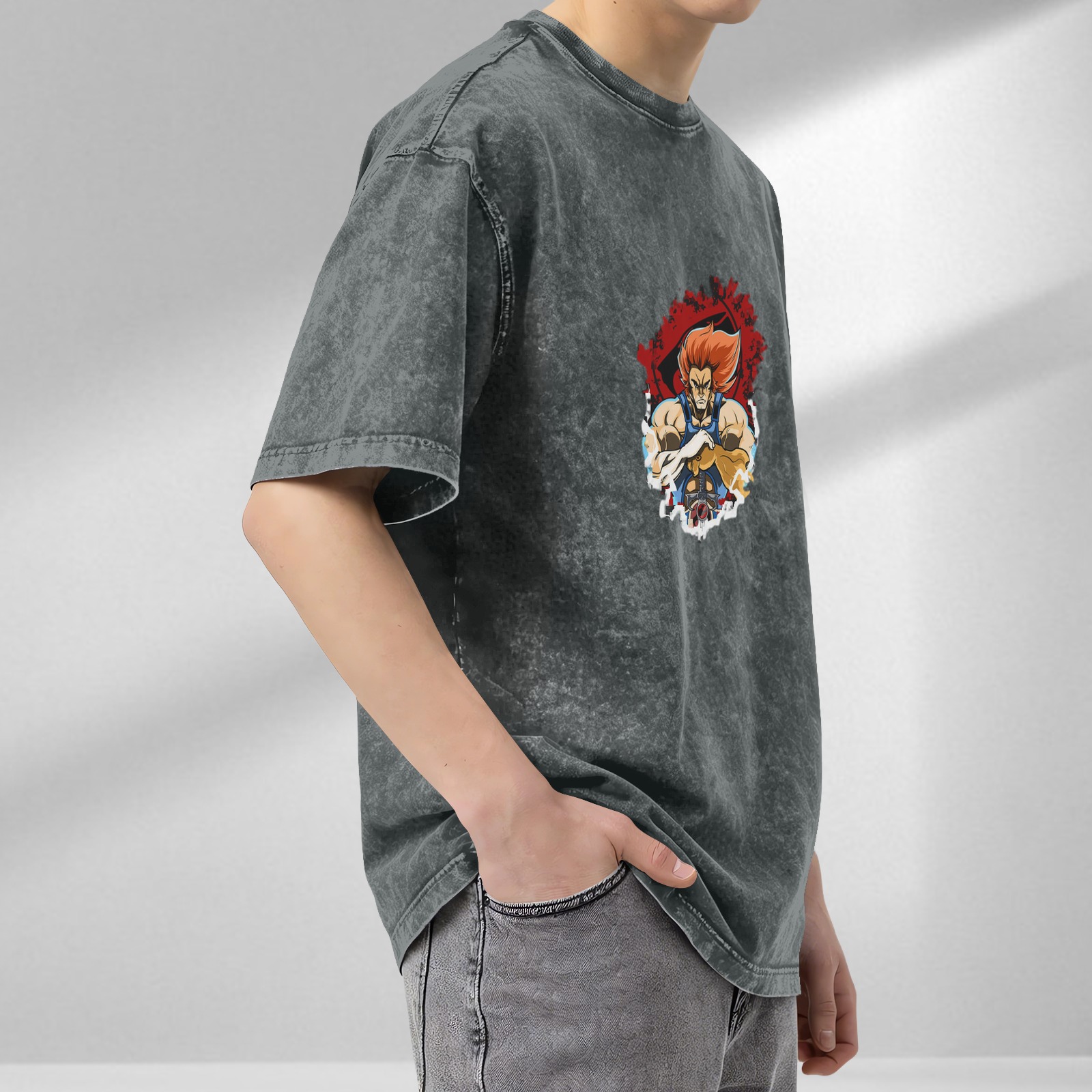 Vintage Washed T-Shirt with Retro Anime Lion Character Graphic