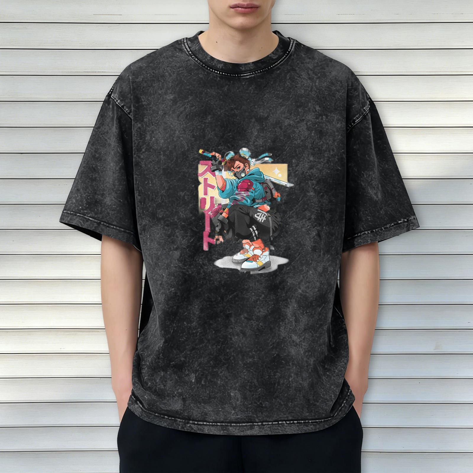 Oversized Acid Wash T-Shirt with Anime Cyberpunk Ninja Graphic