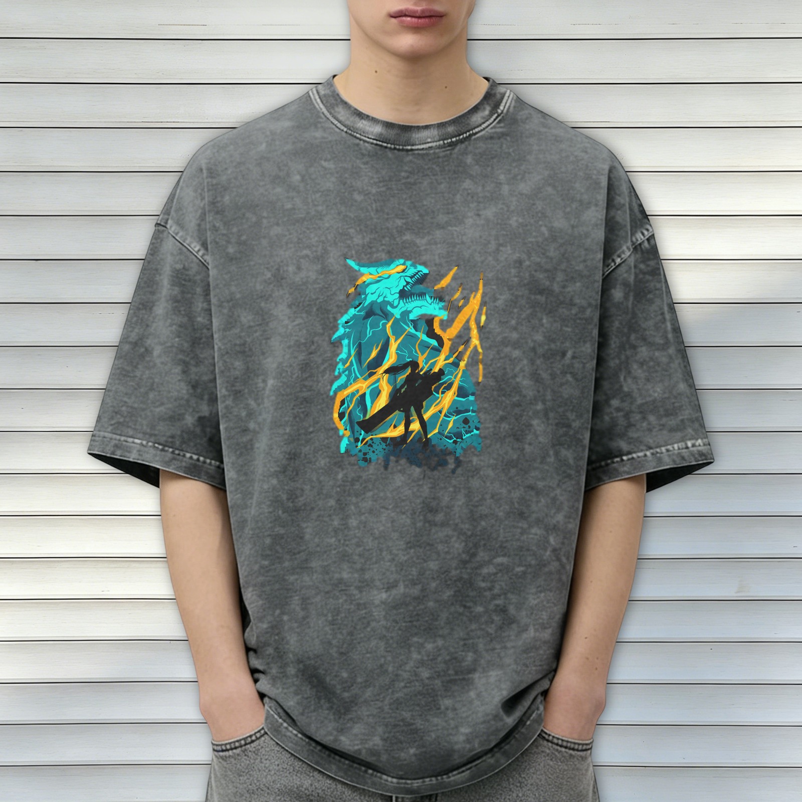 Oversized Acid Wash T-Shirt With Dragon Lightning Graphic Print