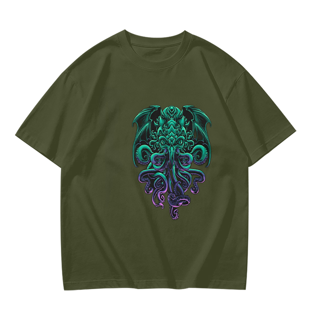 Olive Green T-Shirt With Cthulhu Octopus Dragon Graphic