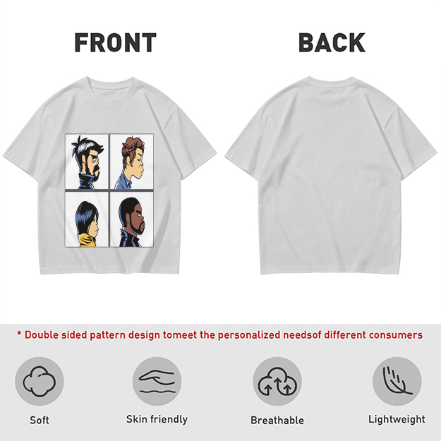Olive T-Shirt With Four Cartoon Character Profile Portraits