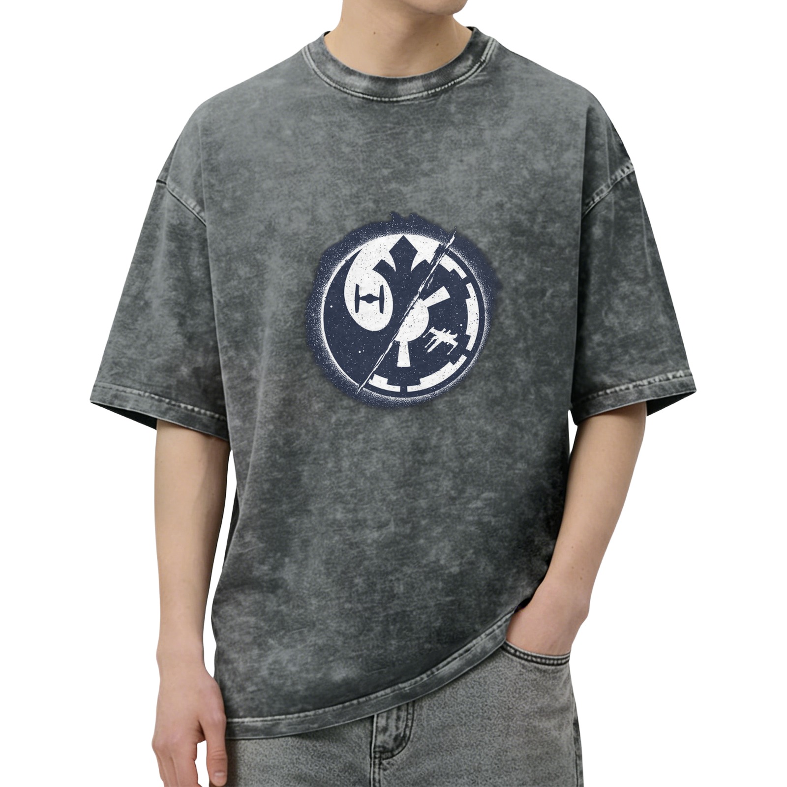 Star Wars themed acid wash short-sleeve T-shirt with Rebel and Imperial faction emblem graphic design