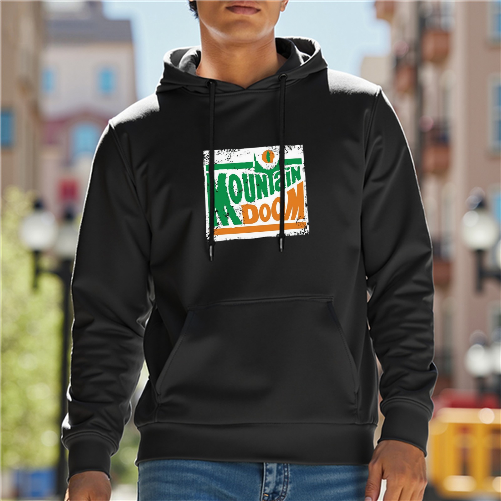 Black Hoodie with Distressed Mountain Doom Graphic Print